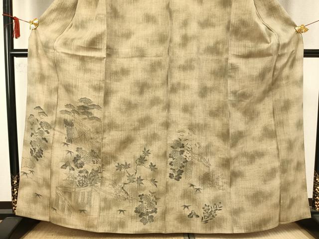 平和屋着物▽訪問着　単衣　紬地　風景草花文　正絹　逸品　AAAZ9625fy