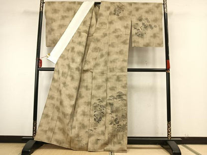 平和屋着物▽訪問着　単衣　紬地　風景草花文　正絹　逸品　AAAZ9625fy