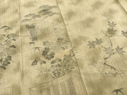 平和屋着物▽訪問着　単衣　紬地　風景草花文　正絹　逸品　AAAZ9625fy