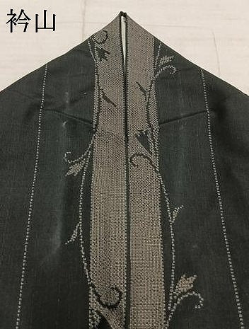 平和屋着物▽上質な紬　単衣　花唐草間道　黒地　正絹　逸品　AAAZ9626fy