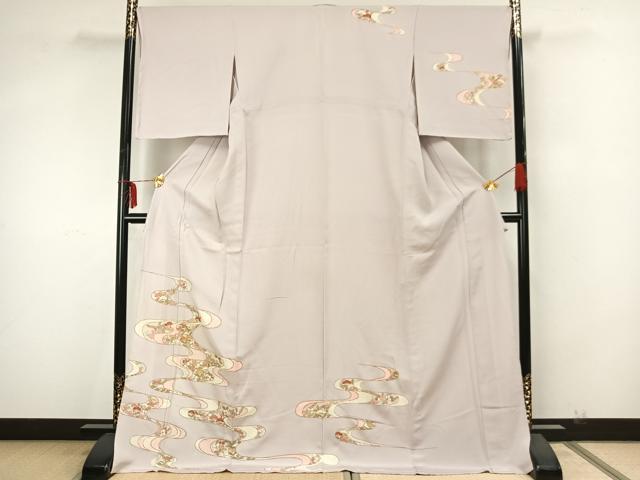 平和屋着物▽訪問着　単衣　駒刺繍　エ霞花文　ロング丈　正絹　逸品　AAAZ9636fy
