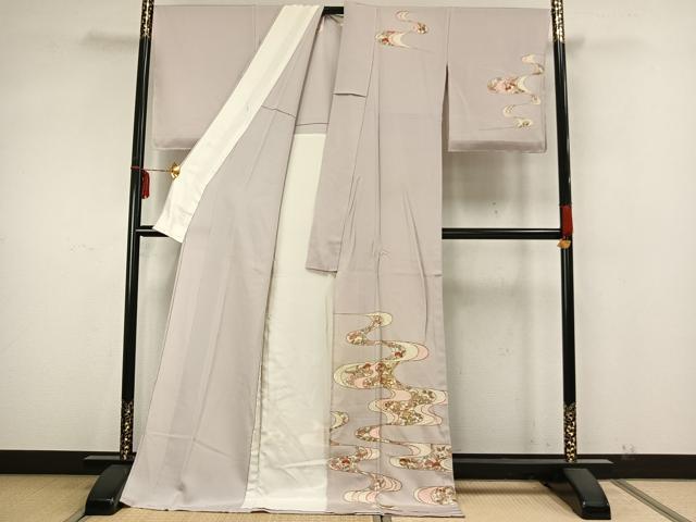 平和屋着物▽訪問着　単衣　駒刺繍　エ霞花文　ロング丈　正絹　逸品　AAAZ9636fy