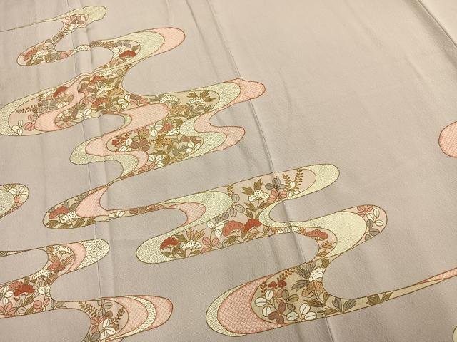 平和屋着物▽訪問着　単衣　駒刺繍　エ霞花文　ロング丈　正絹　逸品　AAAZ9636fy