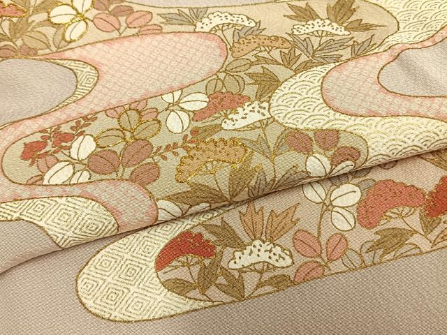 平和屋着物▽訪問着　単衣　駒刺繍　エ霞花文　ロング丈　正絹　逸品　AAAZ9636fy