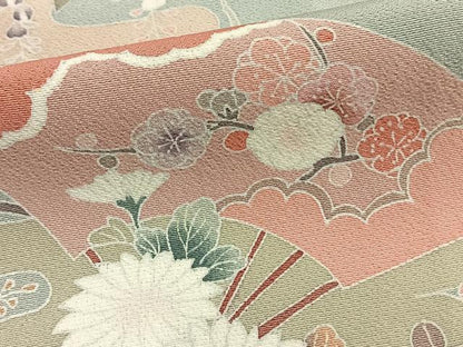 平和屋着物▽訪問着 単衣 作家物 風景扇面花文 正絹 逸品 AAAZ9648fy