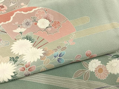 平和屋着物▽訪問着 単衣 作家物 風景扇面花文 正絹 逸品 AAAZ9648fy
