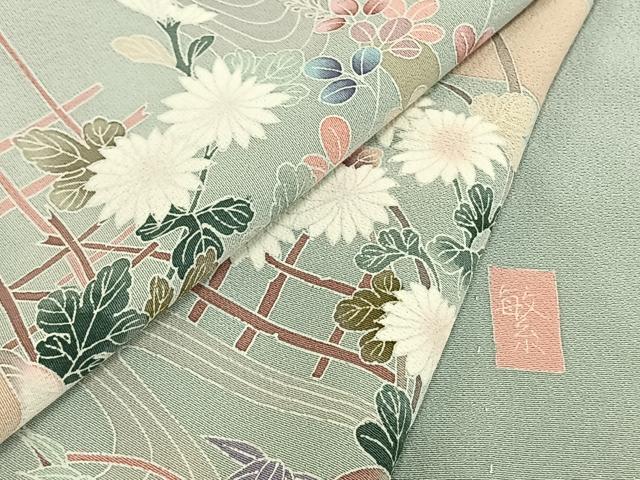平和屋着物▽訪問着 単衣 作家物 風景扇面花文 正絹 逸品 AAAZ9648fy