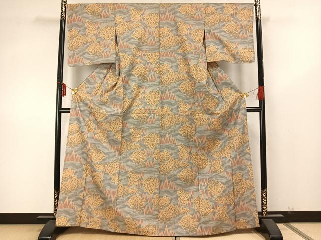 平和屋着物▽上質な紬　単衣　樹林文　正絹　逸品　AAAZ9650fy