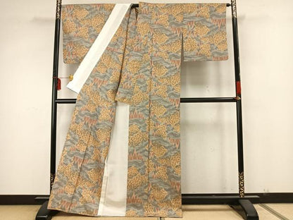 平和屋着物▽上質な紬　単衣　樹林文　正絹　逸品　AAAZ9650fy