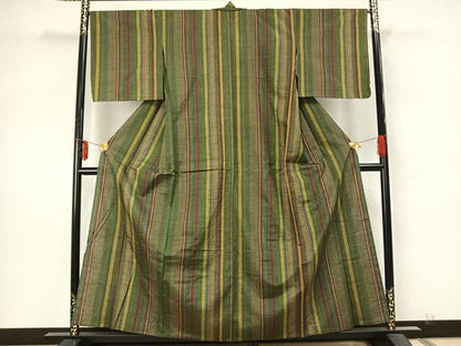 平和屋着物▽上質な紬 単衣 縞 正絹 逸品 未使用 AAAZ9652fy