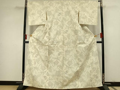 平和屋着物▽上質な紬　単衣　花唐草文　正絹　逸品　AAAZ9655fy