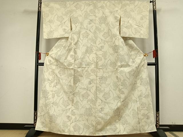 平和屋着物▽上質な紬　単衣　花唐草文　正絹　逸品　AAAZ9655fy