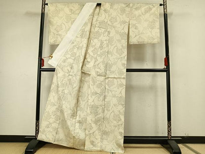 平和屋着物▽上質な紬　単衣　花唐草文　正絹　逸品　AAAZ9655fy