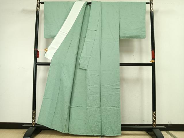 平和屋着物▽上質な色無地　単衣　草花地紋　薄萌葱色　正絹　逸品　未使用　AAAZ9663fy