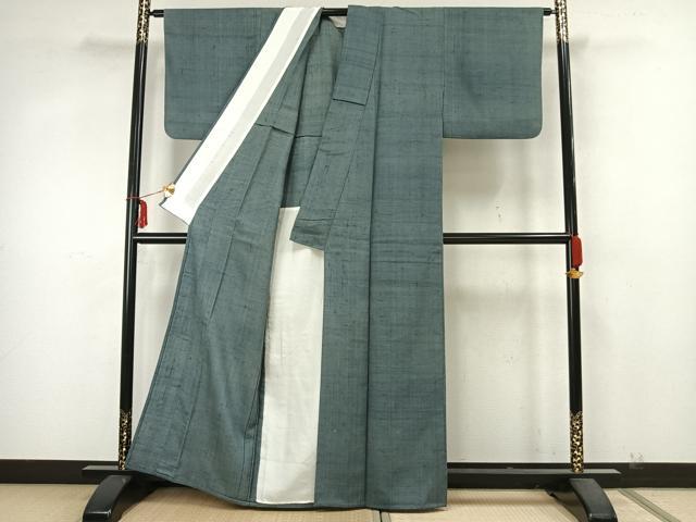 平和屋着物▽上質な紬 単衣 色無地 作家物 錆御納戸色 正絹 逸品 AAAZ9670fy