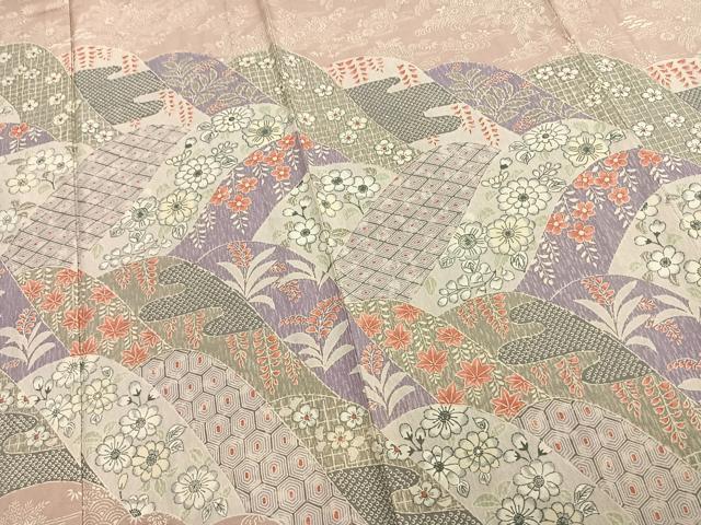 平和屋着物▽訪問着 単衣 紬地 切嵌花文 正絹 逸品 AAAZ9671fy