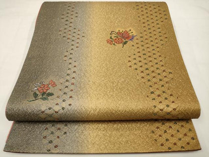 平和屋着物◎六通柄袋帯　花蝶文　銀通し地　正絹　逸品　AAAZ9842tn