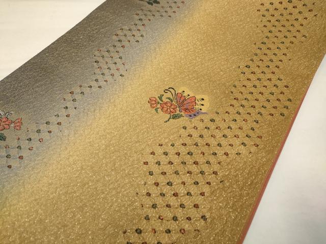 平和屋着物◎六通柄袋帯　花蝶文　銀通し地　正絹　逸品　AAAZ9842tn