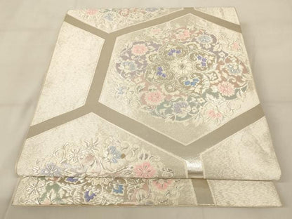 平和屋着物◎六通柄袋帯 正倉院花文 銀糸 正絹 逸品 AAAZ9849tn