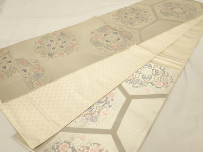 平和屋着物◎六通柄袋帯 正倉院花文 銀糸 正絹 逸品 AAAZ9849tn