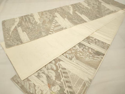 平和屋着物◎六通柄袋帯 風景文 銀糸 正絹 逸品 AAAZ9852tn