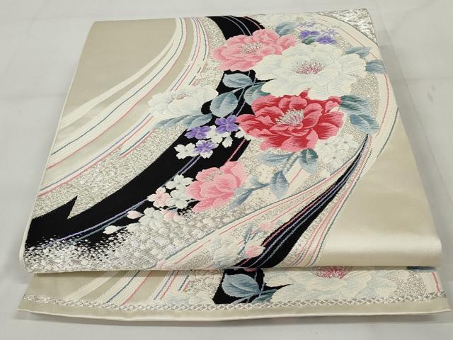 平和屋着物◎六通柄袋帯 唐織 流水花文 銀糸 正絹 逸品 AAAZ9874tn
