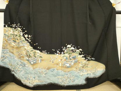 平和屋着物■豪華黒留袖　駒刺繍　立波風景文　松竹梅　暈し染め　金彩　正絹　逸品　AAAZ9988ma