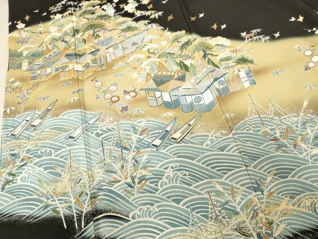 平和屋着物■豪華黒留袖　駒刺繍　立波風景文　松竹梅　暈し染め　金彩　正絹　逸品　AAAZ9988ma