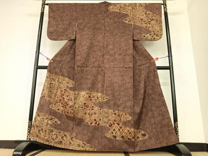 平和屋着物●訪問着 紬地 手描き 双鳥更紗花文 正絹 逸品 AABA0131zg