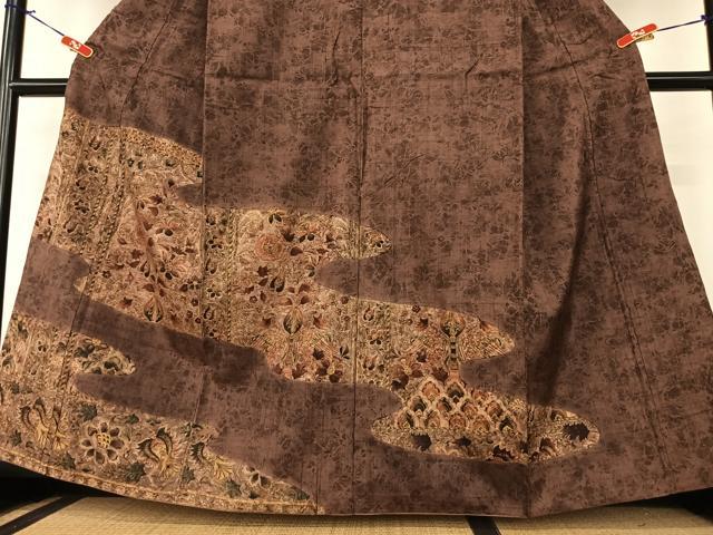 平和屋着物●訪問着 紬地 手描き 双鳥更紗花文 正絹 逸品 AABA0131zg