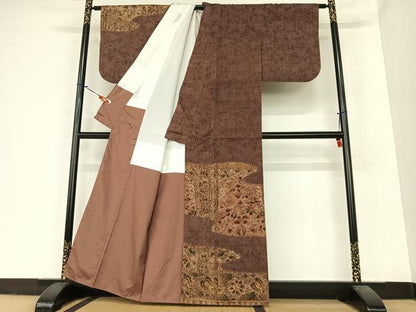 平和屋着物●訪問着 紬地 手描き 双鳥更紗花文 正絹 逸品 AABA0131zg