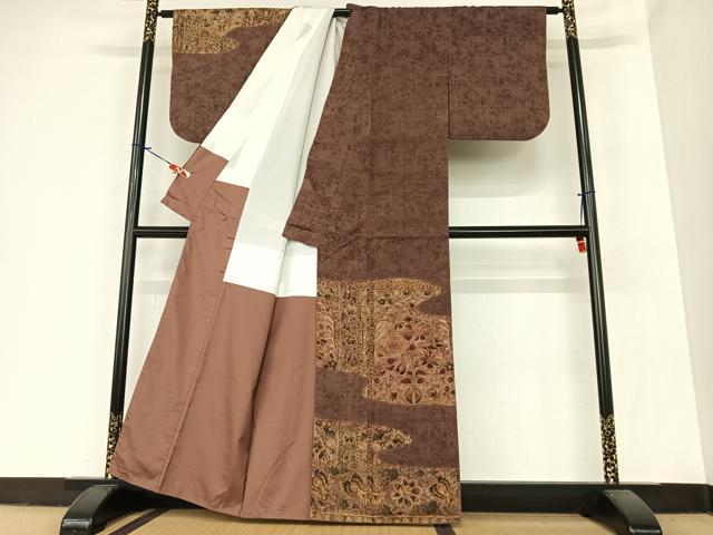 平和屋着物●訪問着 紬地 手描き 双鳥更紗花文 正絹 逸品 AABA0131zg