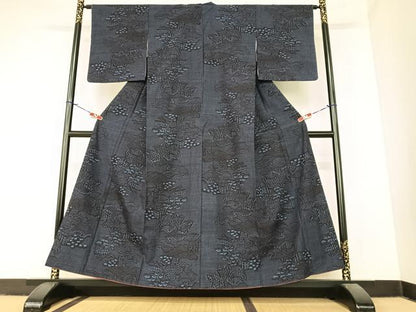 平和屋着物●結城紬 100亀甲 風景笠松花文 正絹 逸品 AABA0137zg