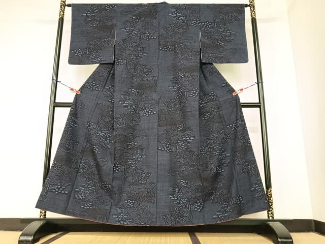 平和屋着物●結城紬 100亀甲 風景笠松花文 正絹 逸品 AABA0137zg