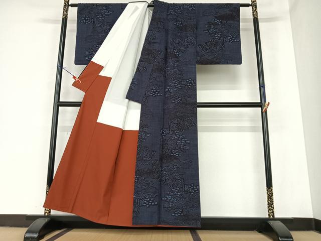 平和屋着物●結城紬 100亀甲 風景笠松花文 正絹 逸品 AABA0137zg