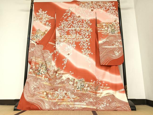 平和屋着物●豪華振袖 駒刺繍 御所車花文 暈し染め 金彩 正絹 逸品 AABA0176zg