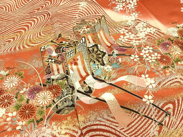 平和屋着物●豪華振袖 駒刺繍 御所車花文 暈し染め 金彩 正絹 逸品 AABA0176zg