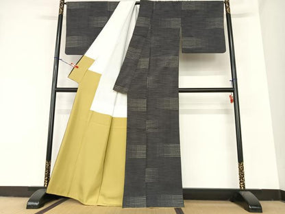 平和屋着物●上質な紬 ちぢみ織 段違い文 正絹 逸品 AABA0182zg