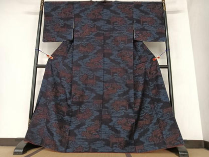 平和屋着物●結城紬　100亀甲　風景花文　正絹　逸品　AABA0280zg