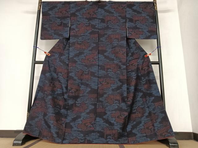 平和屋着物●結城紬　100亀甲　風景花文　正絹　逸品　AABA0280zg