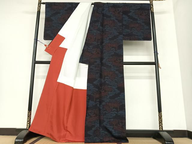 平和屋着物●結城紬　100亀甲　風景花文　正絹　逸品　AABA0280zg