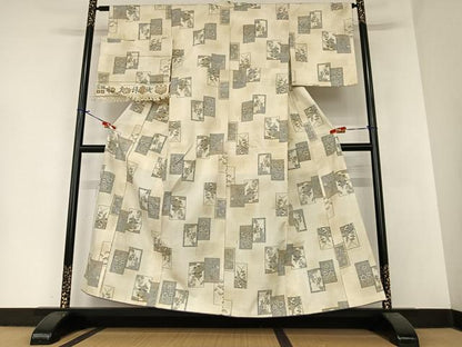 平和屋着物●小千谷紬 本真綿織 色紙重ね花文 反端付き 正絹 逸品 AABA0283zg