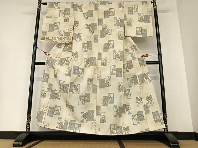 平和屋着物●小千谷紬 本真綿織 色紙重ね花文 反端付き 正絹 逸品 AABA0283zg