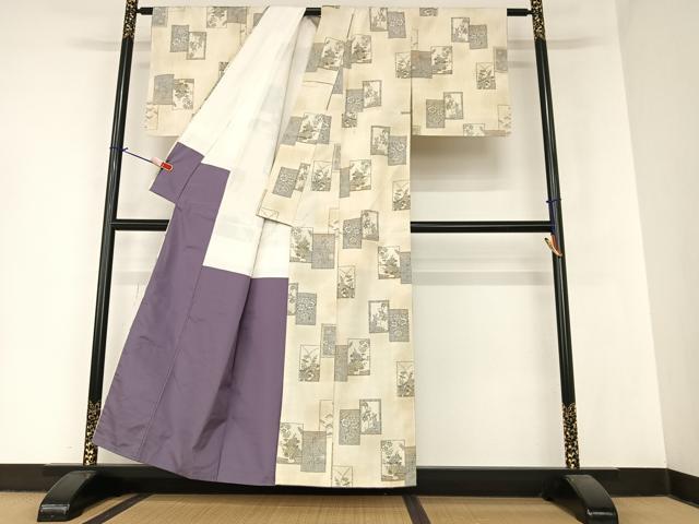 平和屋着物●小千谷紬 本真綿織 色紙重ね花文 反端付き 正絹 逸品 AABA0283zg
