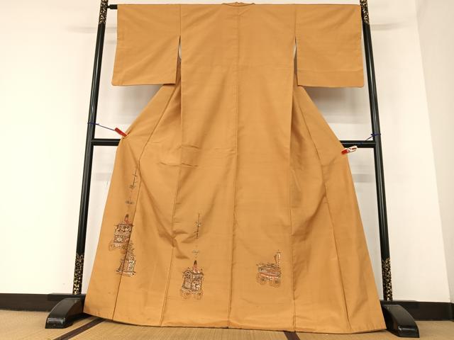 平和屋着物●京の名門・菱屋六右ェ門 紬 訪問着 刺繍 人物文 山車 正絹 逸品 AABA0304zg