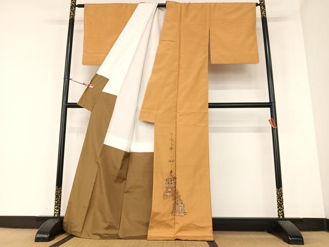 平和屋着物●京の名門・菱屋六右ェ門 紬 訪問着 刺繍 人物文 山車 正絹 逸品 AABA0304zg