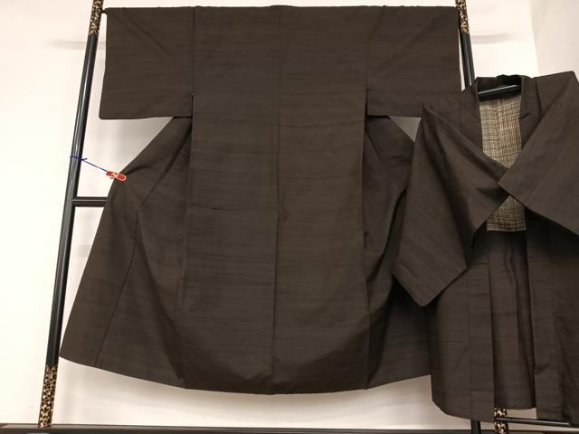平和屋着物●男性 紬 アンサンブル 網代文様 黒鳶色 正絹 逸品 AABA0330zg