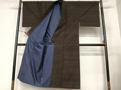 平和屋着物●男性 紬 アンサンブル 網代文様 黒鳶色 正絹 逸品 AABA0330zg