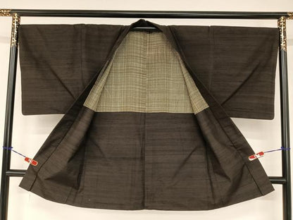 平和屋着物●男性 紬 アンサンブル 網代文様 黒鳶色 正絹 逸品 AABA0330zg