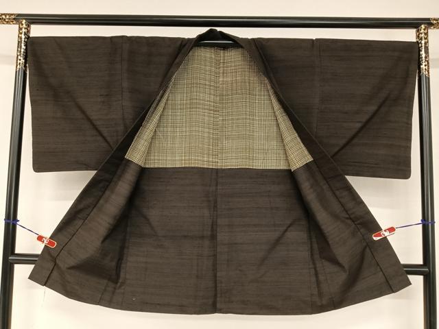 平和屋着物●男性 紬 アンサンブル 網代文様 黒鳶色 正絹 逸品 AABA0330zg